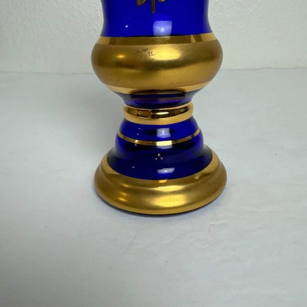 Vintage MCM Enamel Cobalt Blue Luxury Bohemian Czech Crystal Vase 24K Gold